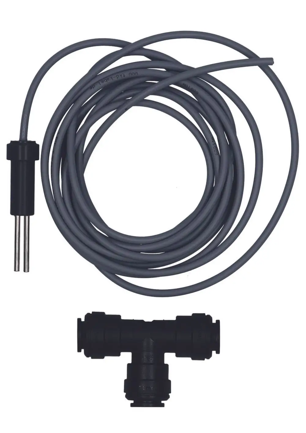 Graue Kabel mit einem Steckanschluss und einer T-förmigen Fittings in Schwarz, verwendet für Messzellen von Judo.